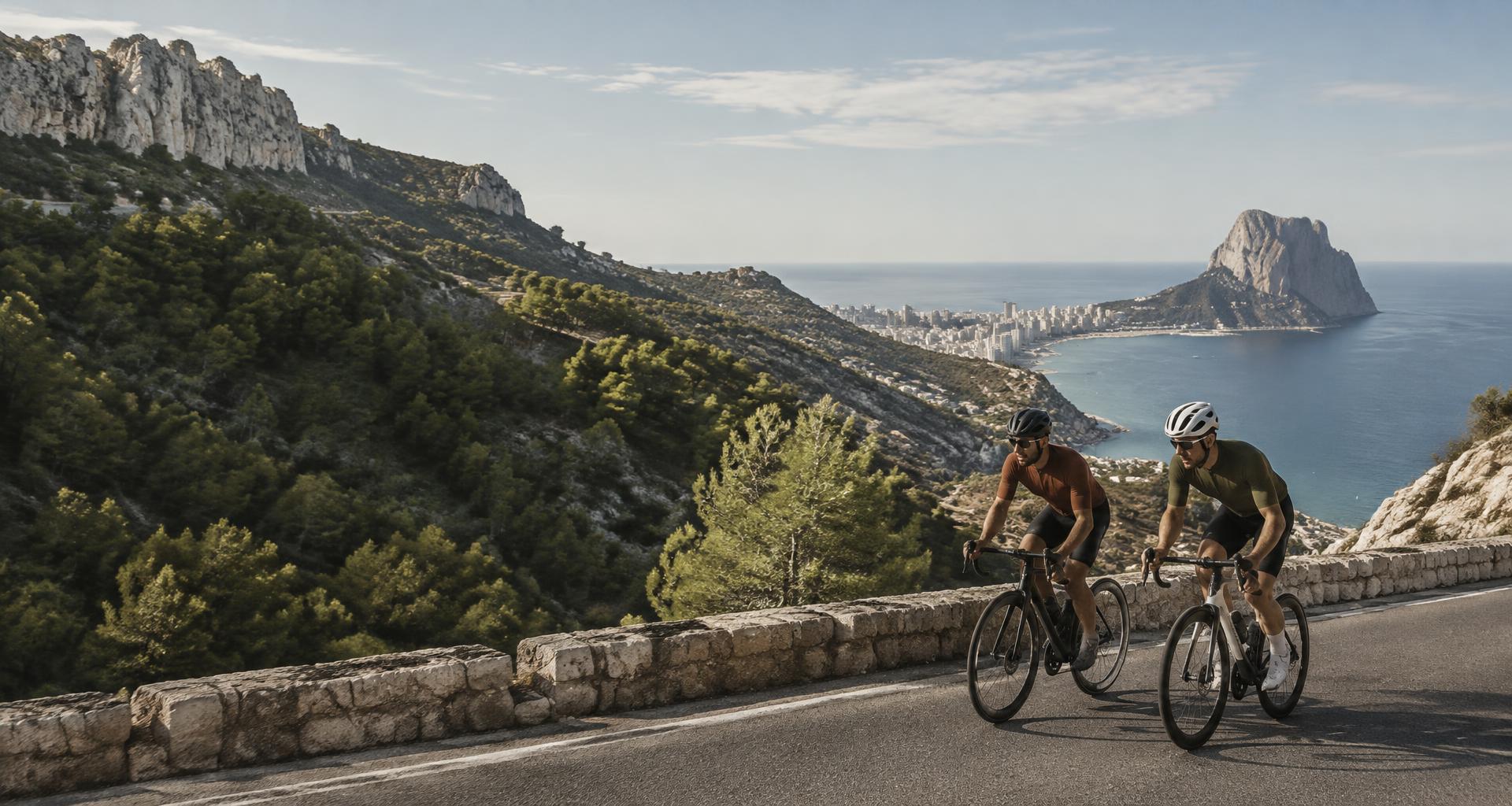 Ciclistas junto a la costa de Calpe y el Peñón de Ifach
